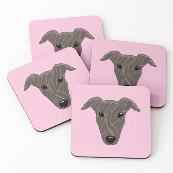 Item preview, Dark brindle greyhound on pink background designed and sold by houndpixnz.
