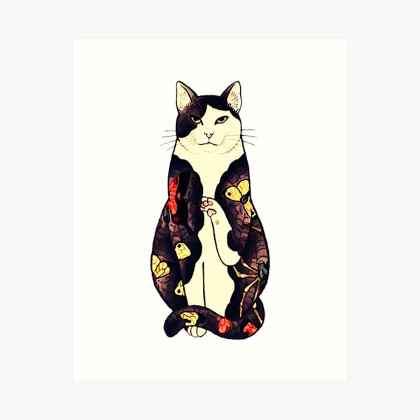 Antique Japanese Woodblock Print Cat with Butterfly and Flower Tattoos Art Print