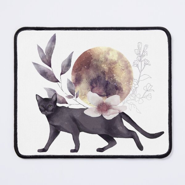 Cat in Moonlight and floral design Mouse Pad