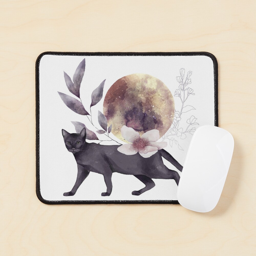 Cat in Moonlight and floral design Mouse Pad