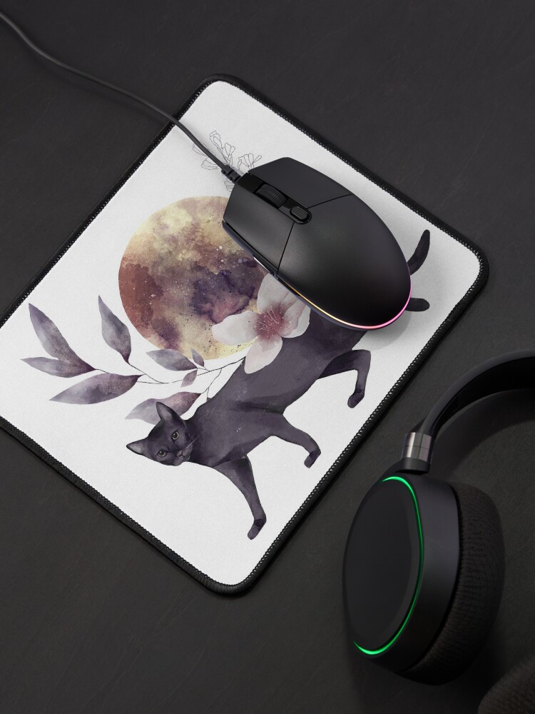 Alternate view of Cat in Moonlight and floral design Mouse Pad