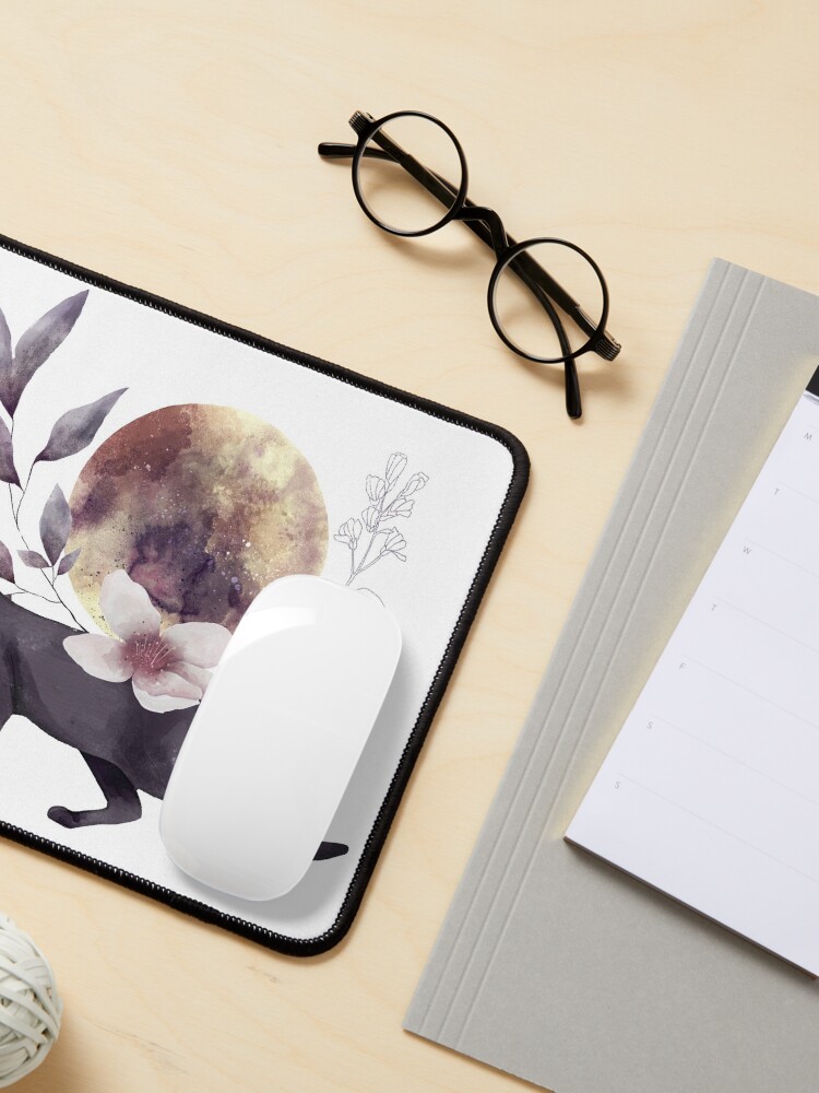 Alternate view of Cat in Moonlight and floral design Mouse Pad