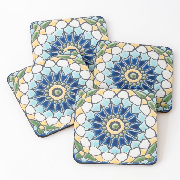 Item preview, Spanish Tiles in Two Blue Tones, Moss Green and Lemon Yellow designed and sold by MyQueendom.