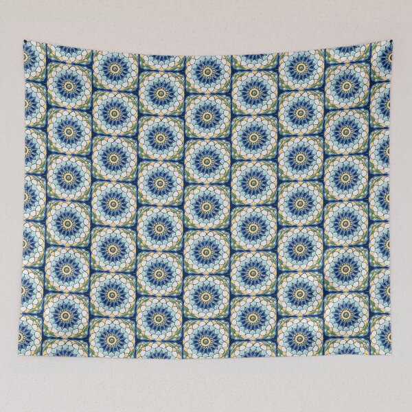 Item preview, Spanish Tiles in Two Blue Tones, Moss Green and Lemon Yellow designed and sold by MyQueendom.
