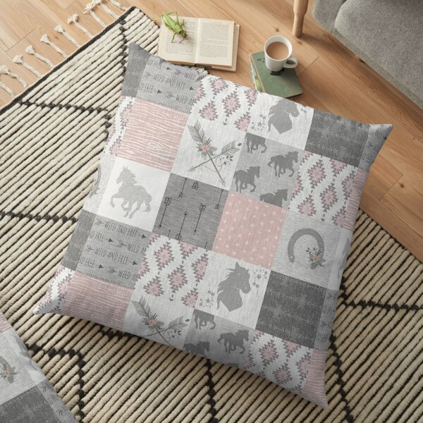 BoHo Horse Patchwork in pink and grey Floor Pillow
