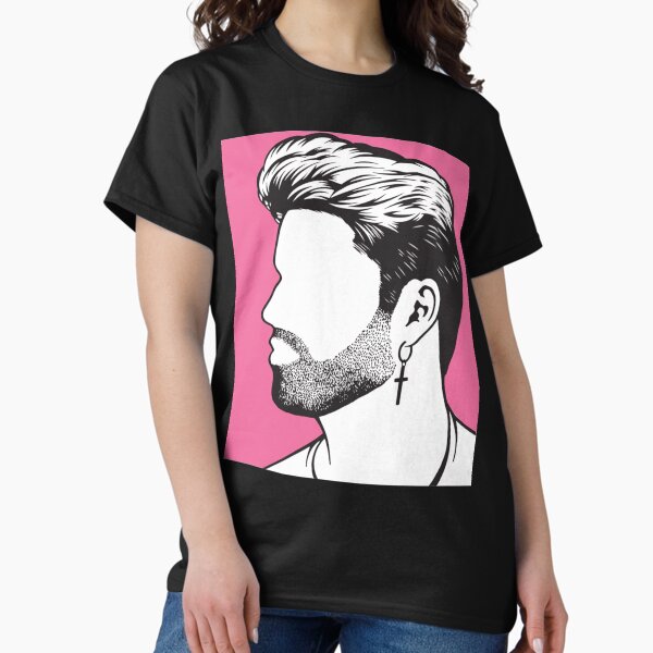 Vista previa del artículo con la obra «Fondo rosa imagen de George michael regalo negro», diseñado y vendido por shirtquarter.