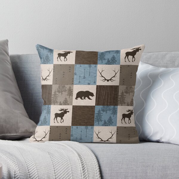 Woodland Patchwork- Blue, Brown And beige Throw Pillow