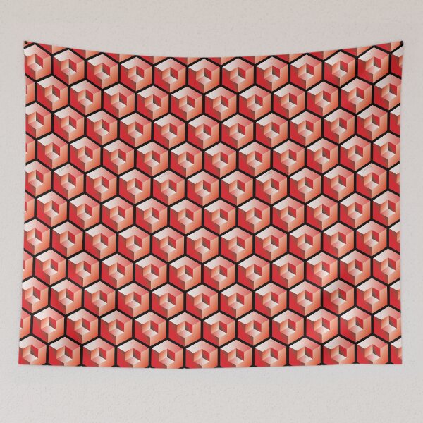 Item preview, 3D RED 'CUBE in CUBE' GEOMETRIC PATTERN ILLUSION on White Background (Cube v3 Red on BLACK) © designed and sold by DesignsByLawerg.