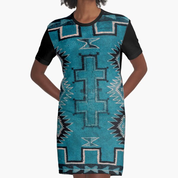 1890 NAVAJO SADDLE BLANKET - SCAN OF ORIGINAL WORTH $38,000 - BURNT TURQUOISE, COLOR ADDED 2021 Graphic T-Shirt Dress