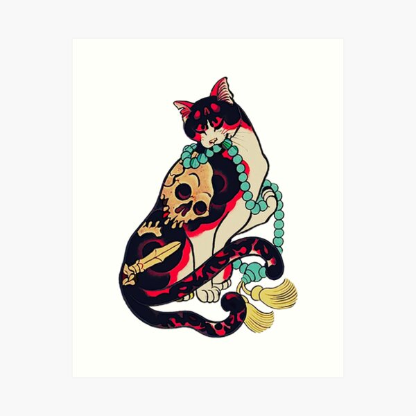 Antique Japanese Woodblock Print Cat with Flower Tattoos Art Print