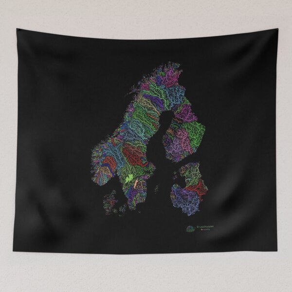 Item preview, Scandinavia and the Baltics River Basin Map in Rainbow Colours with Black Background designed and sold by GrasshopperGeo.