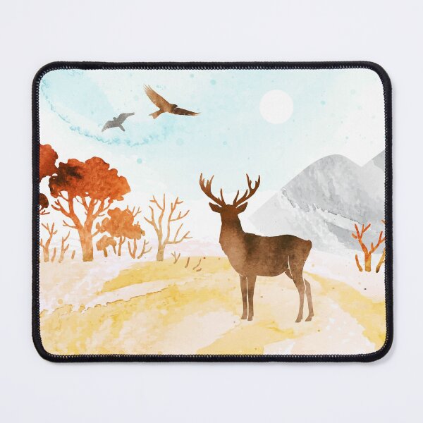 Item preview, Watercolor autumn landscape in orange colors. Illustration of mountains, trees, deer ​and birds under blue sky designed and sold by GalinaChe.