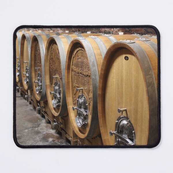 Item preview, Large wooden wine barrels in a winery cellar designed and sold by wineandwords.