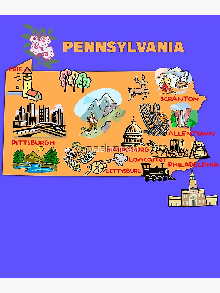 Hand Drawn Illustration Of Pennsylvania Map With Tourist Destinations Usa Art Print For Sale 5590