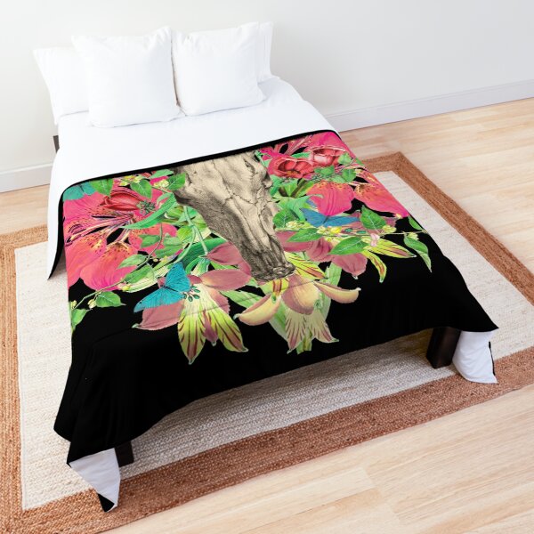 Animal Skull Wearing Crown With Pink Lilies And Aqua Blue Butterflies Comforter
