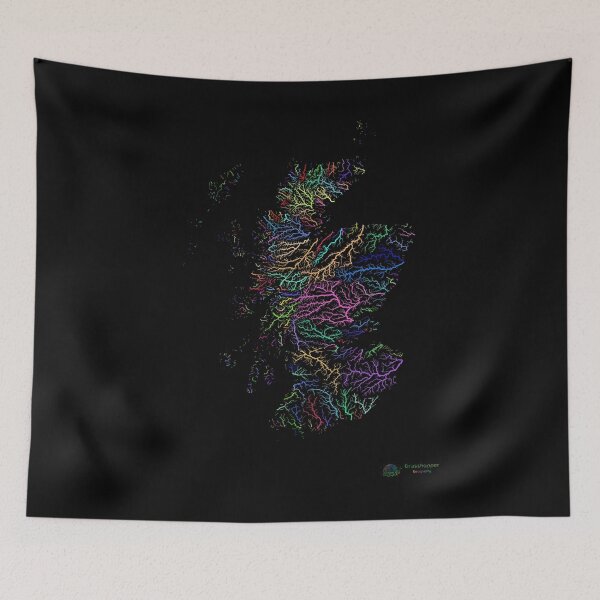 Item preview, Scotland River Basin Map in Rainbow Colours with Black Background designed and sold by GrasshopperGeo.