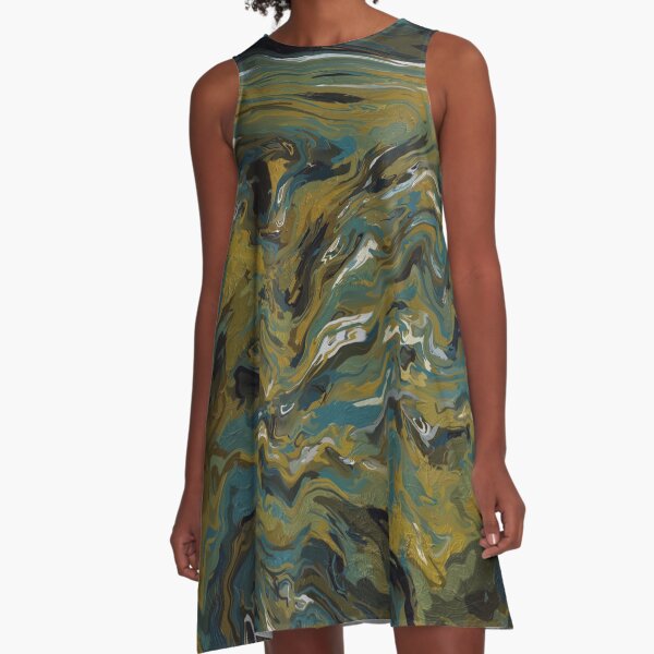 Teal, Gold, White and Black Oils A-Line Dress