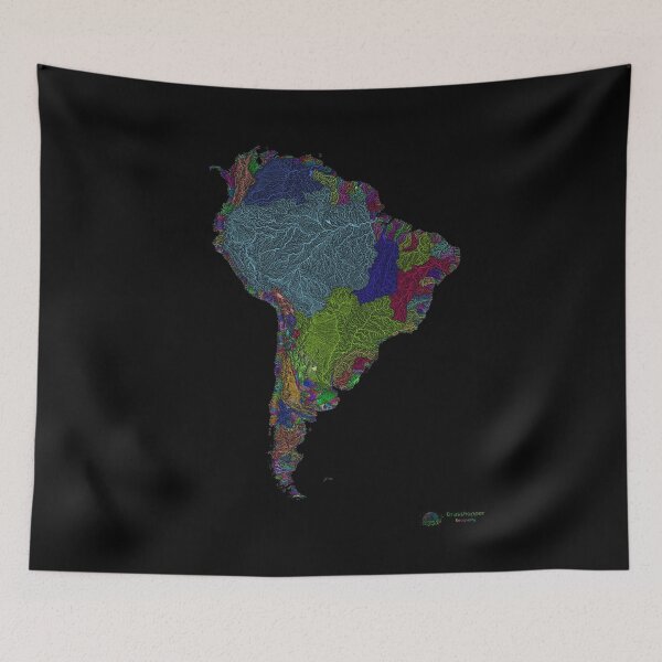 Item preview, South America River Basin Map in Rainbow Colours with Black Background designed and sold by GrasshopperGeo.