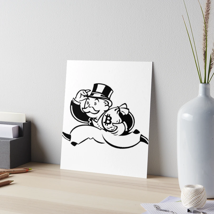 Mr. Monopoly running with bag of bitcoin