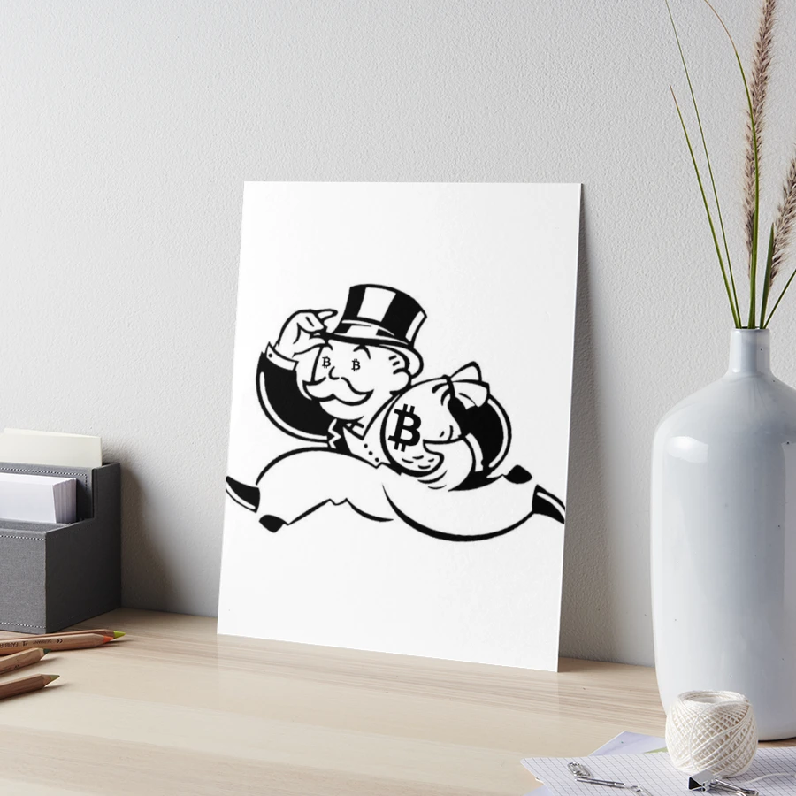 Mr. Monopoly running with bag of bitcoin