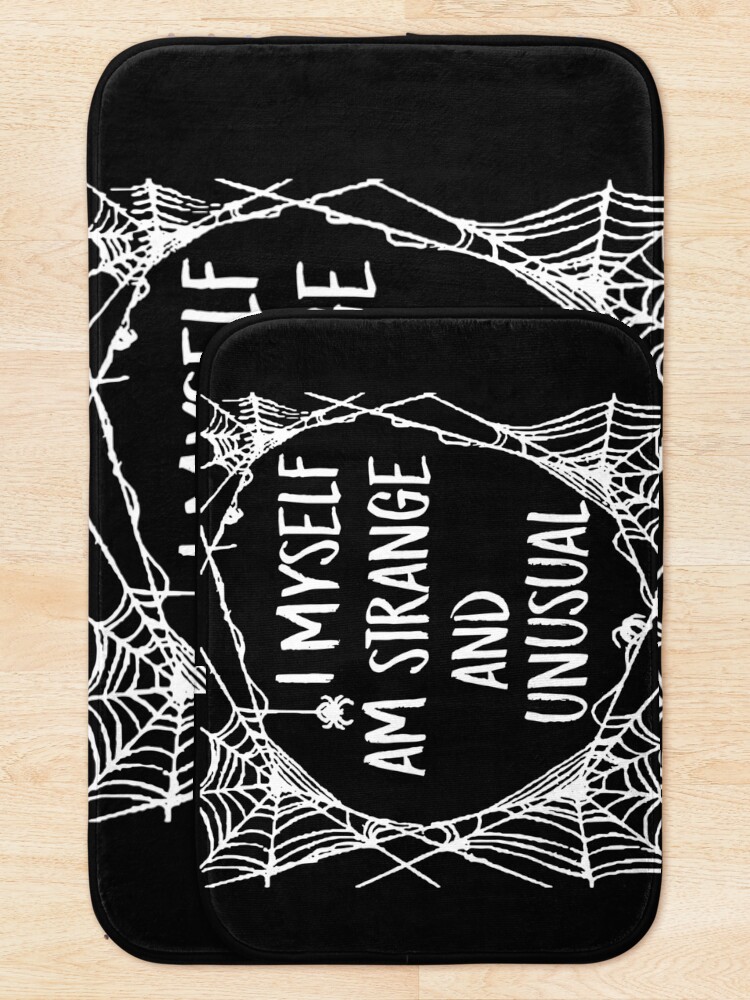 Thumbnail 5 of 6, Bath Mat, I Myself Am Strange And Unusual Beetlejuice Movie Quote Lydia Deetz Spider Web designed and sold by GRAPHICxBOMB.