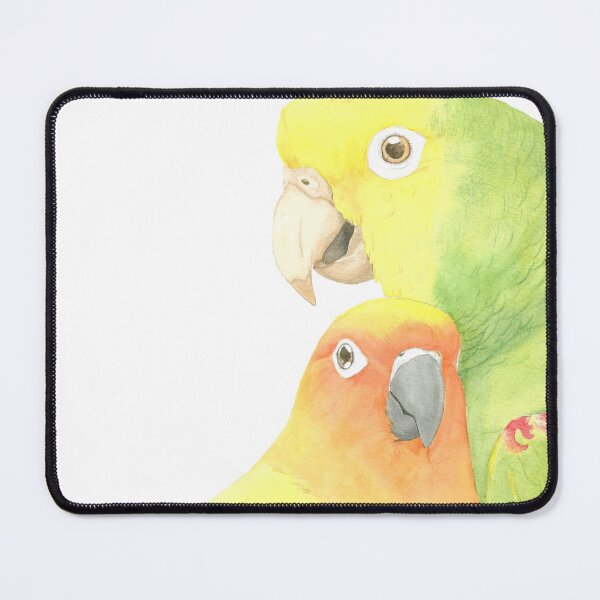 Item preview, sun conure and yellow head amazon watercolor portrait designed and sold by L'Atelier Oranjade.