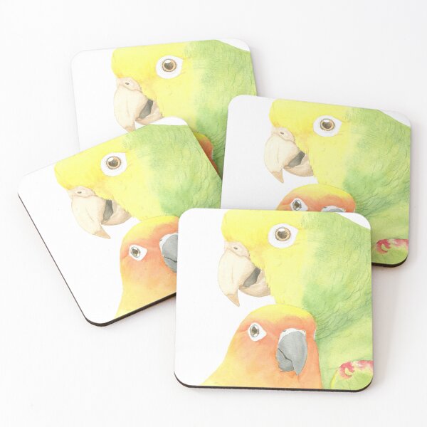 Item preview, sun conure and yellow head amazon watercolor portrait designed and sold by L'Atelier Oranjade.