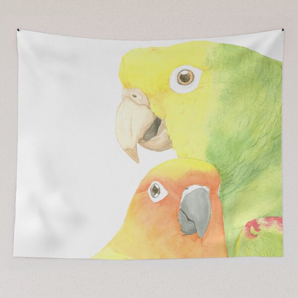 Item preview, sun conure and yellow head amazon watercolor portrait designed and sold by L'Atelier Oranjade.