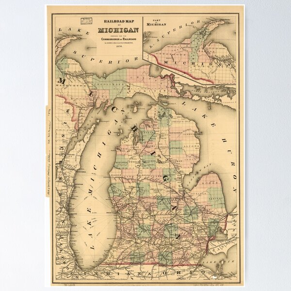 Item preview, Vintage Map of The Michigan Railroads (1876) designed and sold by BravuraMedia.