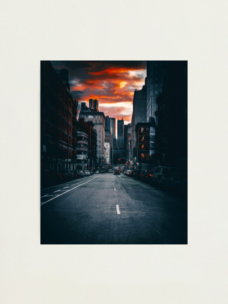 Lámina fotográfica «Sunset New York USA calles por la noche Road Car