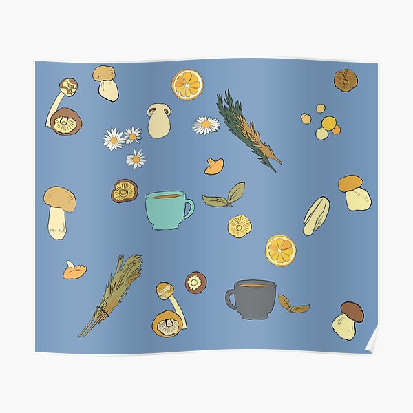 Mushroom, tea, and herb pattern (Blue background) Poster