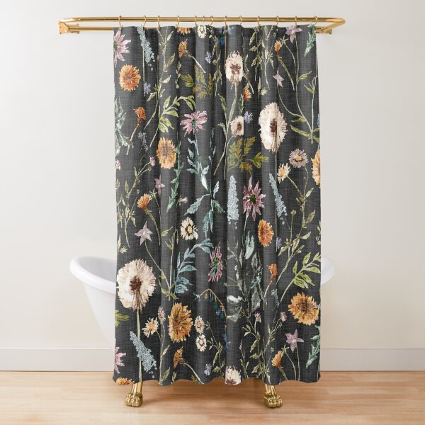 Elegant Black White Floral Green Flower Shower Curtain & 12 Hooks