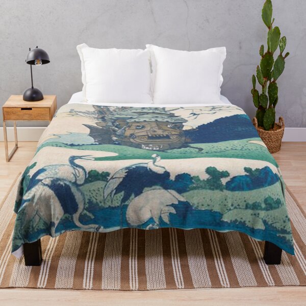 Howl's castle and japanese woodblock mashup Throw Blanket