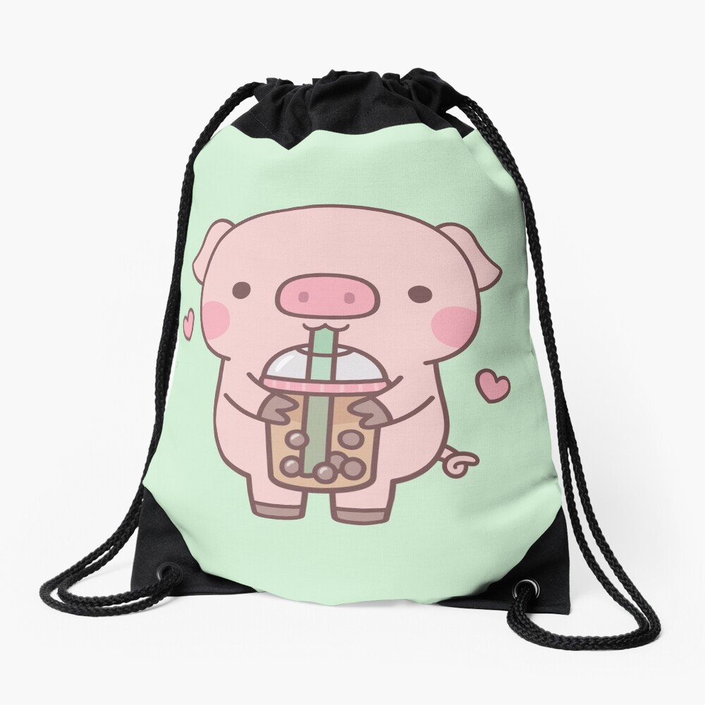 Cute Little Piggy Loves Boba Tea Drawstring Bag