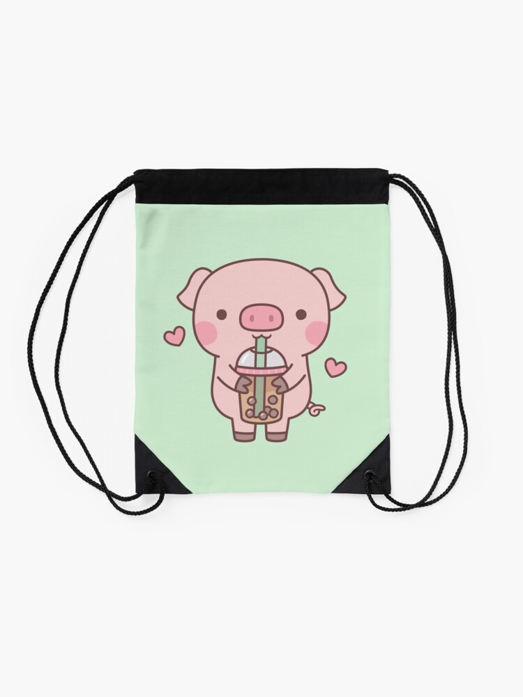 Alternate view of Cute Little Piggy Loves Boba Tea Drawstring Bag