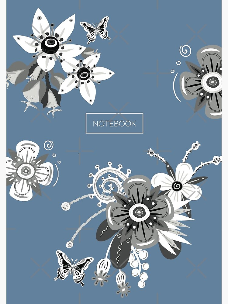 Misty Blue Notebook with Black and White Flowers by NMilan