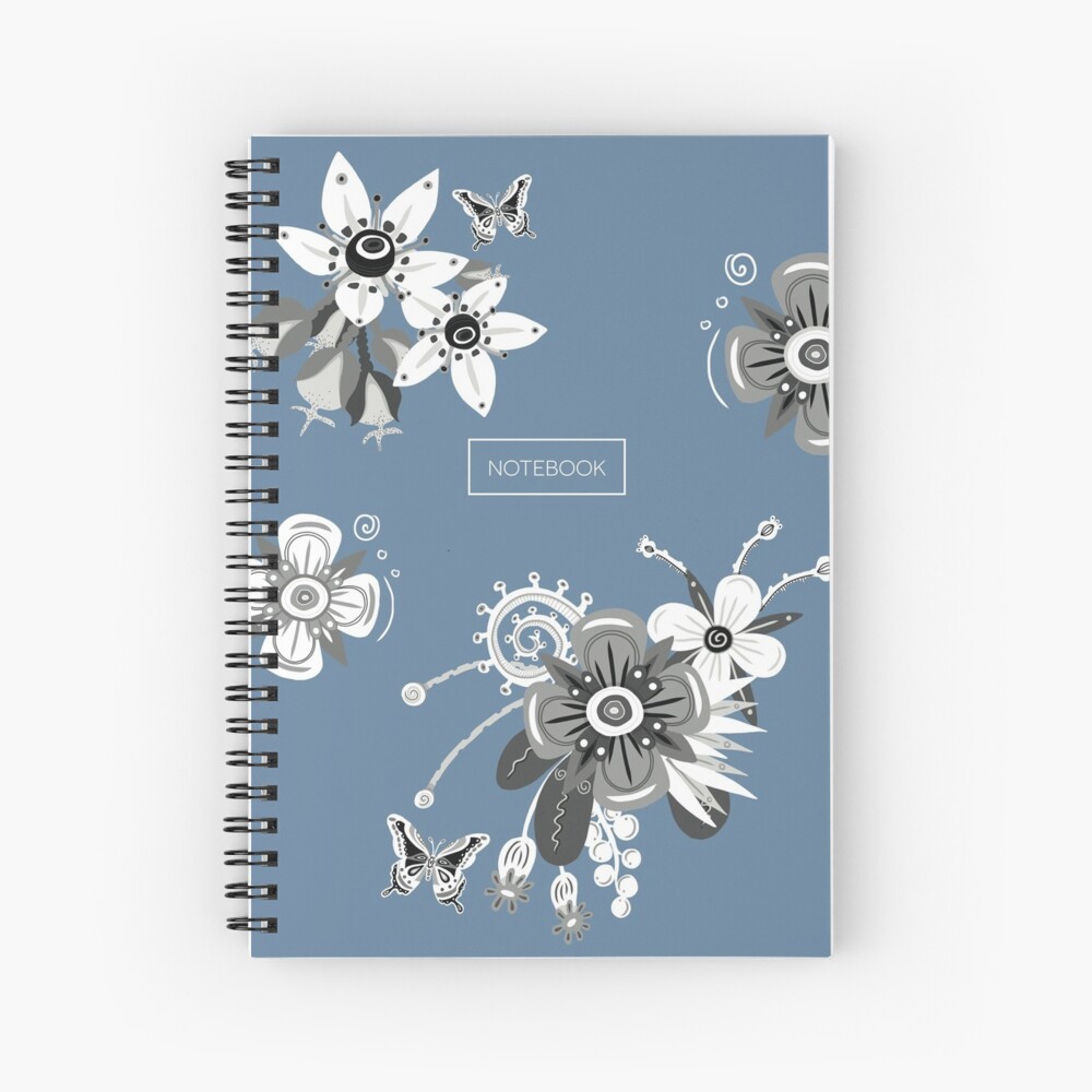 Misty Blue Notebook with Black and White Flowers Spiral Notebook