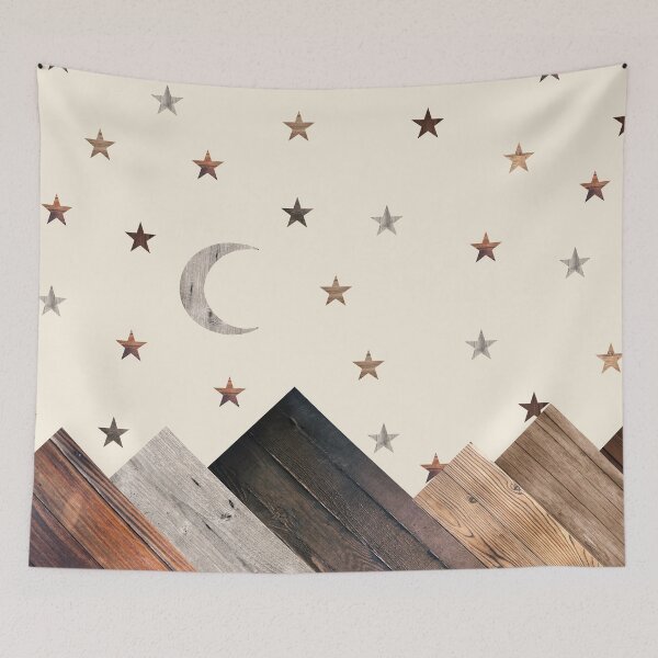 Item preview, Mountain landscape in minimal modern style, with stars and Moon on the sky, with warm wood textures and beige background designed and sold by CiniArt.