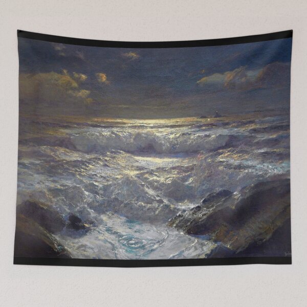 Item preview, Albert Julius Olsson Moonlit waves on the shore with The Longships Lighthouse Land's End Cornwall designed and sold by Vintage Designs +.