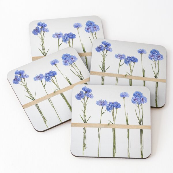 Item preview, Five blue nice cornflowers in little vases in a wooden frame over grey, simple flower gift and decoration  designed and sold by dariazu.