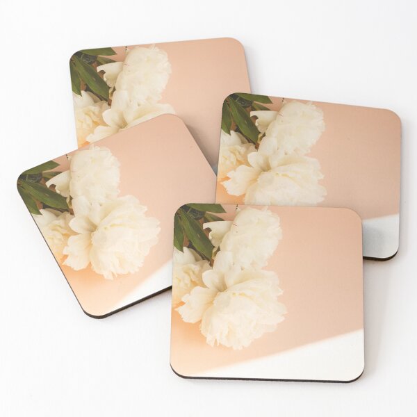 Item preview, Flat lay with white peonies flowers and green leaves on pastel pink color background designed and sold by dariazu.