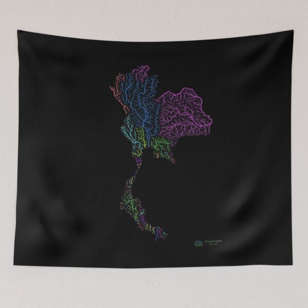 Item preview, Thailand River Basin Map in Rainbow Colours with Black Background designed and sold by GrasshopperGeo.