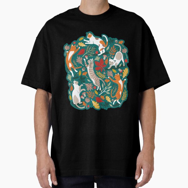 Item preview, Autumn joy // pine green background cats dancing with many leaves in fall colors designed and sold by SelmaCardoso.