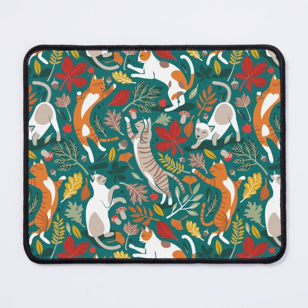Item preview, Autumn joy // pine green background cats dancing with many leaves in fall colors designed and sold by SelmaCardoso.