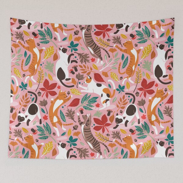 Aperçu de l'œuvre Joie d'automne // chats de fond rose clair dansant avec de nombreuses feuilles aux couleurs d'automne créée et vendue par SelmaCardoso.