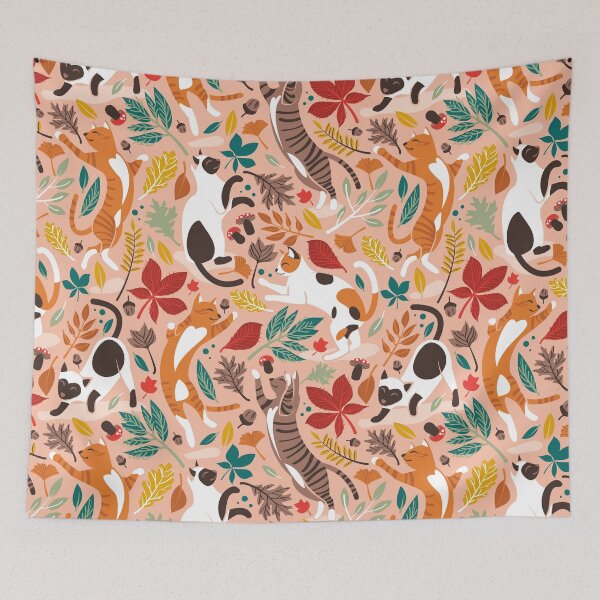 Aperçu de l'œuvre Joie d'automne // chats de fond de corail chair dansant avec de nombreuses feuilles aux couleurs d'automne créée et vendue par SelmaCardoso.