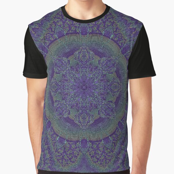 Fractal Kaleidoscope Symmetrical Zendoodle; Greens on Purple Graphic T-Shirt