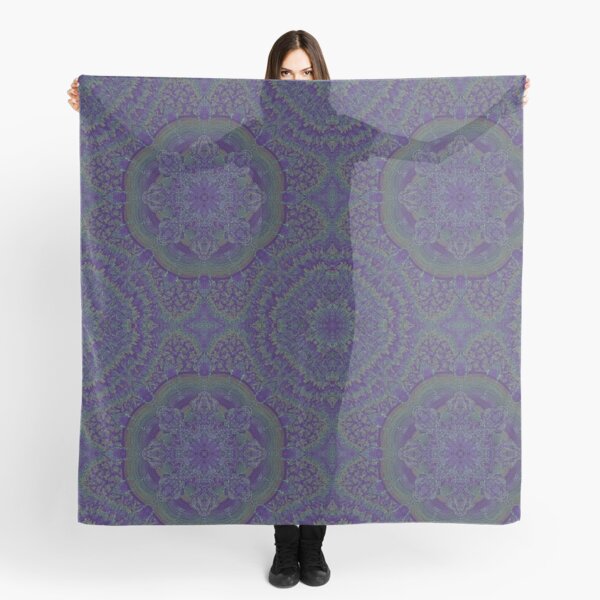 Fractal Kaleidoscope Symmetrical Zendoodle; Greens on Purple Scarf