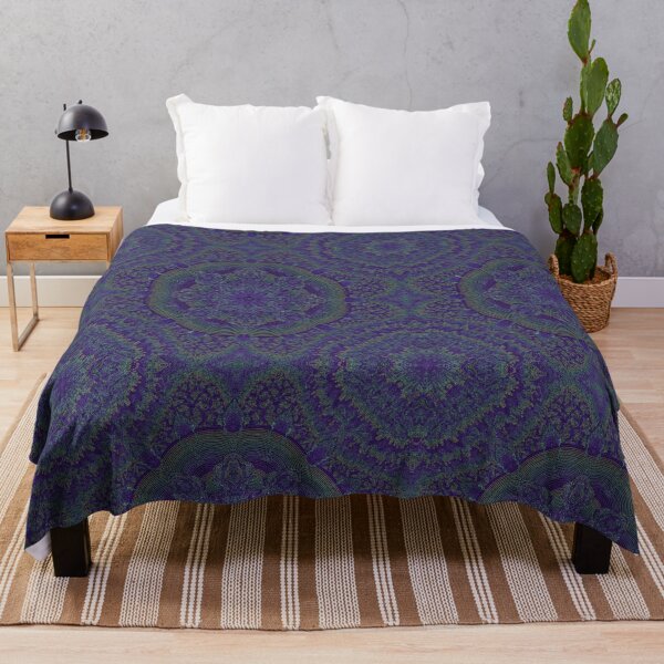 Fractal Kaleidoscope Symmetrical Zendoodle; Greens on Purple Throw Blanket