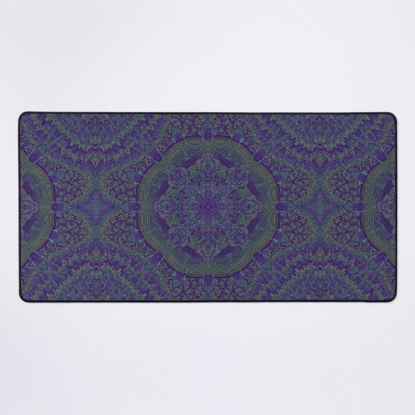 Fractal Kaleidoscope Symmetrical Zendoodle; Greens on Purple Desk Mat